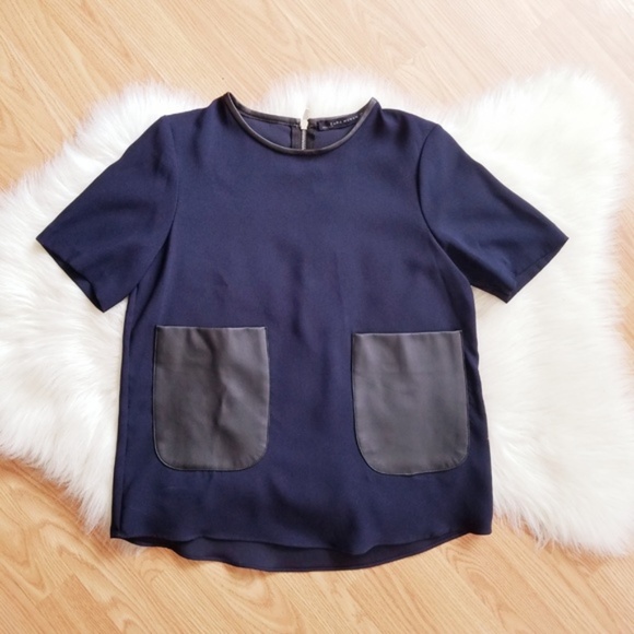Zara Navy Blue Top with faux Leather Pockets - Picture 7 of 8
